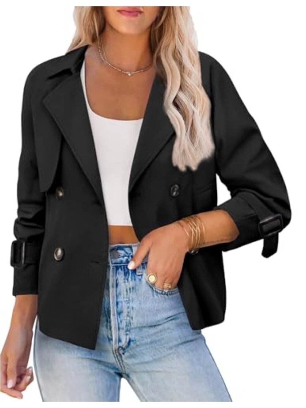 Cropped Trench Coat Double Breasted Long Sleeve Loose Fit Pockets Casual